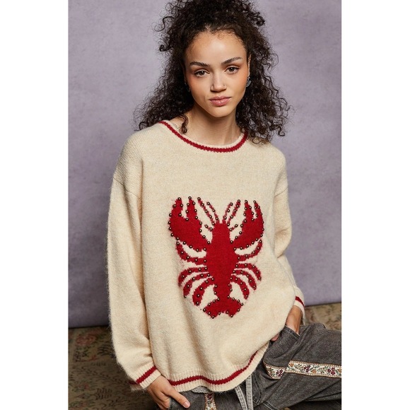 POL Sweaters - POL Womens Lobster Studded Sweater Small Nautical Whimsical Novelty Eclectic